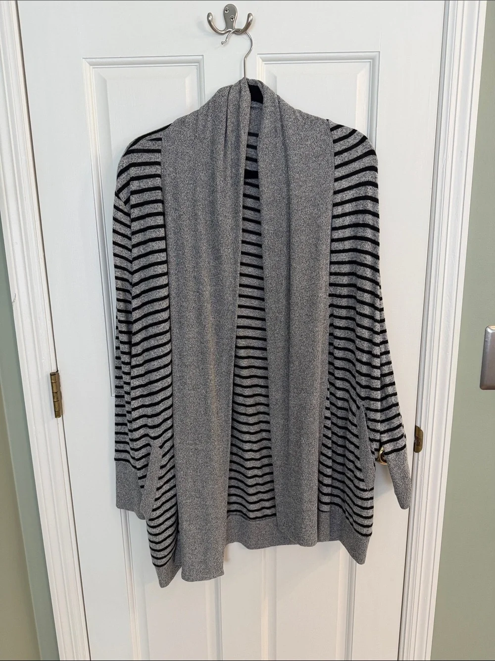 Gray and Black Striped Open-Front Women's Sweater Cardigan
